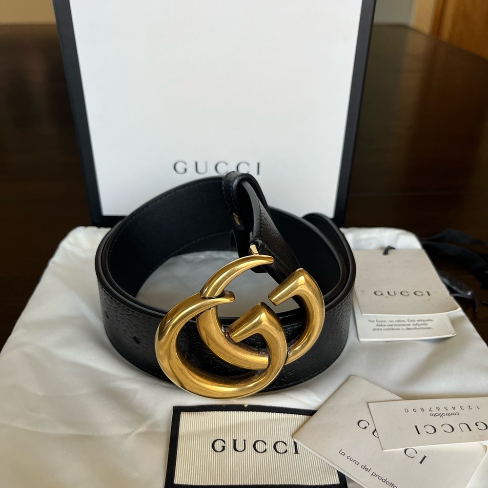 Gucci Black Leather Belt with Gold GG Emblem